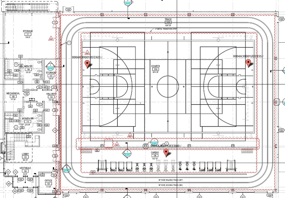 IrysConnect floorplan view showing sensor locations on a gymnasium construction drawing